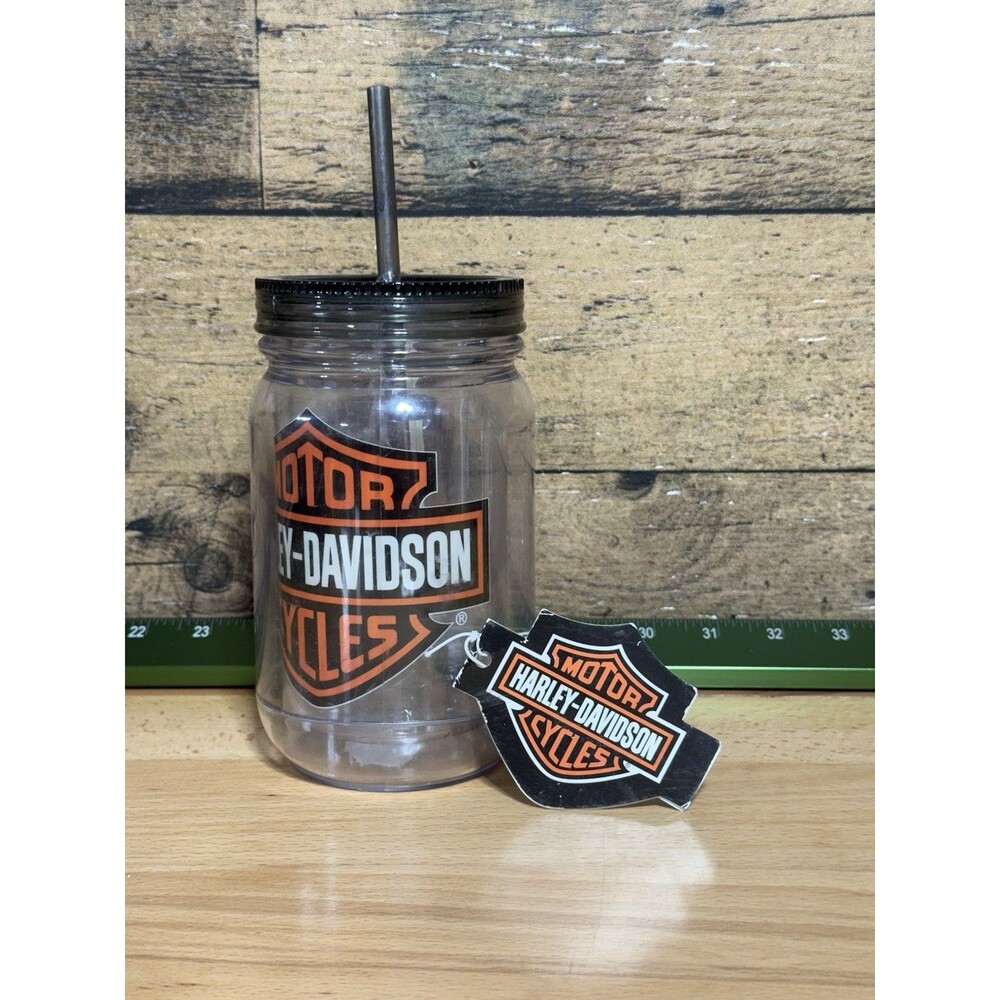 🔥 NEW - Harley-Davidson Clear Mug With Lid and Straw Y2K 2014 With Tags